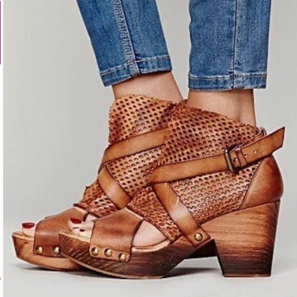 Free People Rendering Clogs Leather High Heel Shoes Open Toe Brown Size 41 US 11 - Picture 1 of 10
